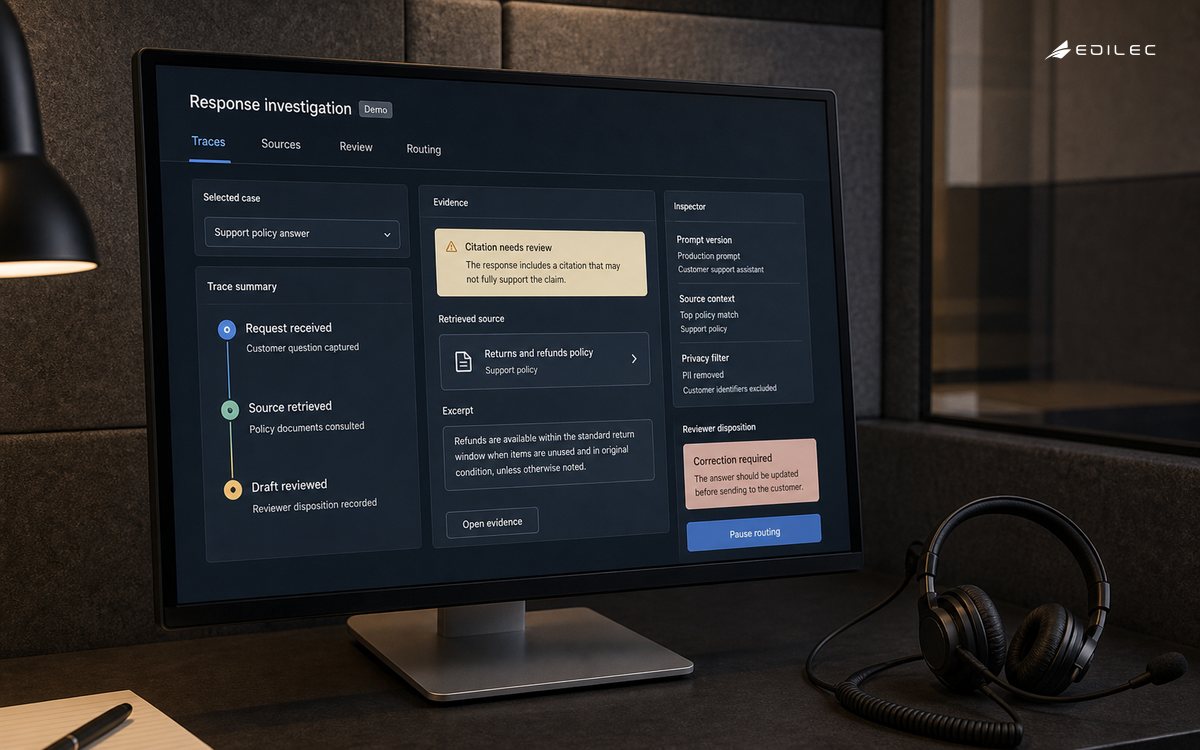 An operator screen connects a support response trace to source evidence and a reviewer correction.