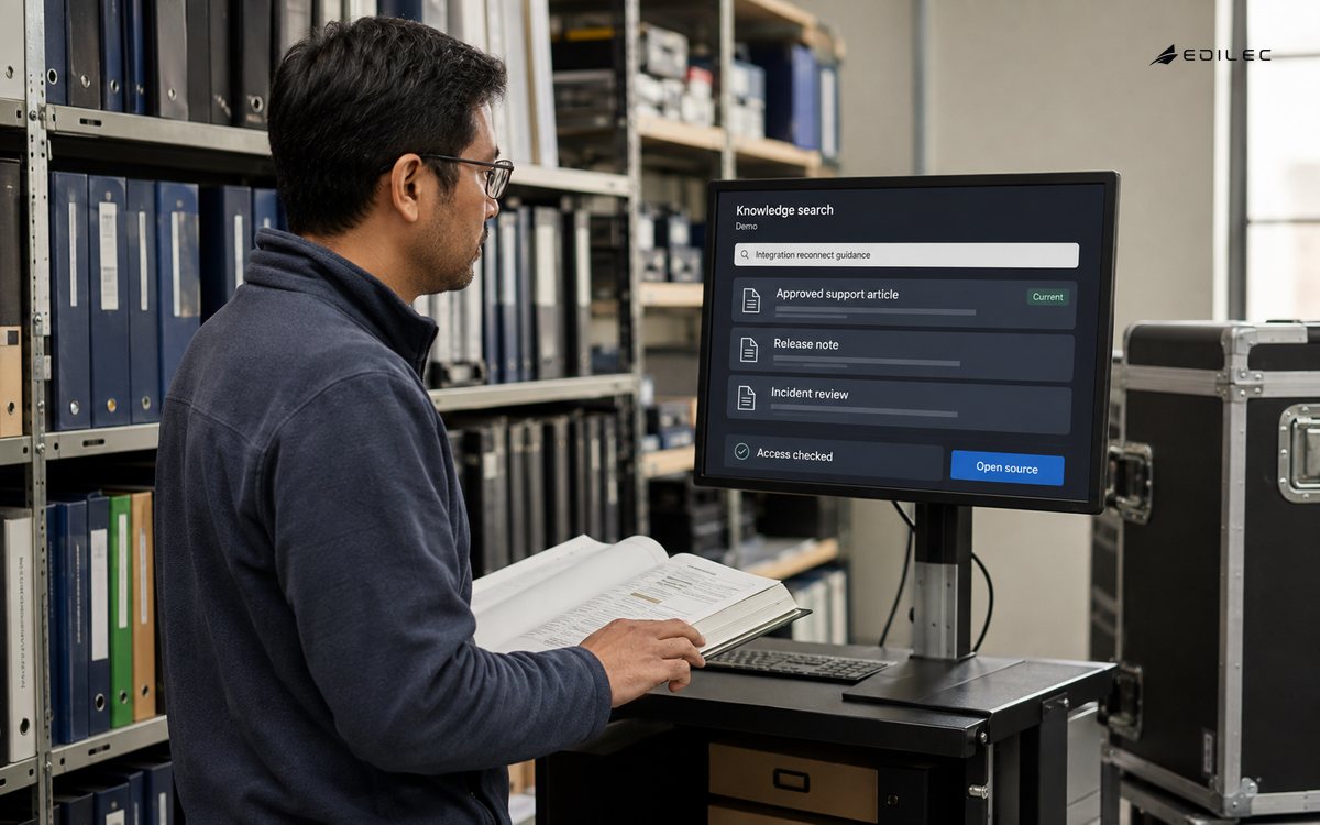A support engineer compares a source binder with a screen grouping support articles, release notes and incident reviews.