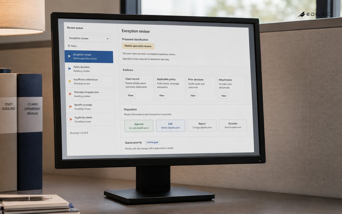 A physical monitor presents a fictional claims exception packet with evidence and four reviewer choices.