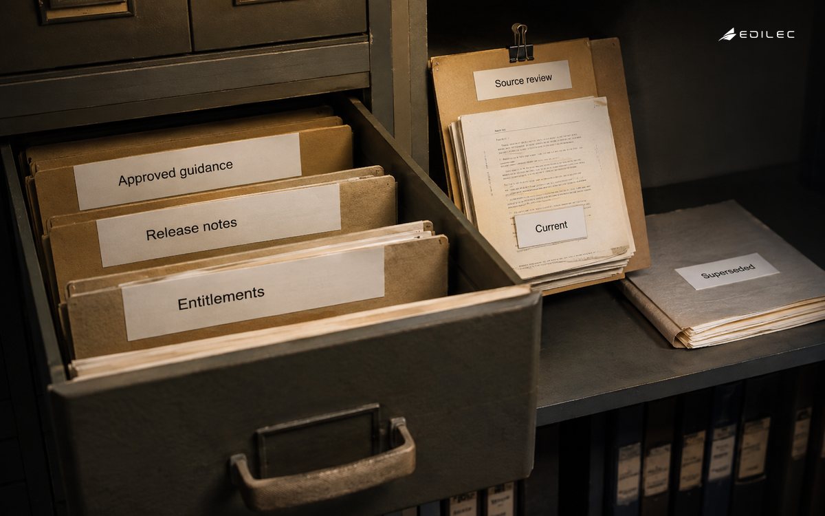 Current product guidance and source-review papers are separated from a superseded packet in a documentation archive.
