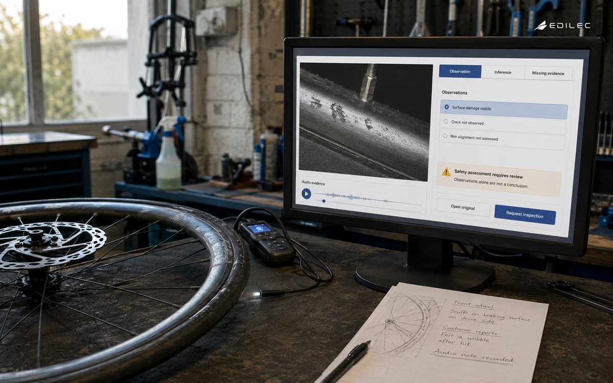 A damaged wheel, inspection camera and original notes sit beside a multimodal evidence review.