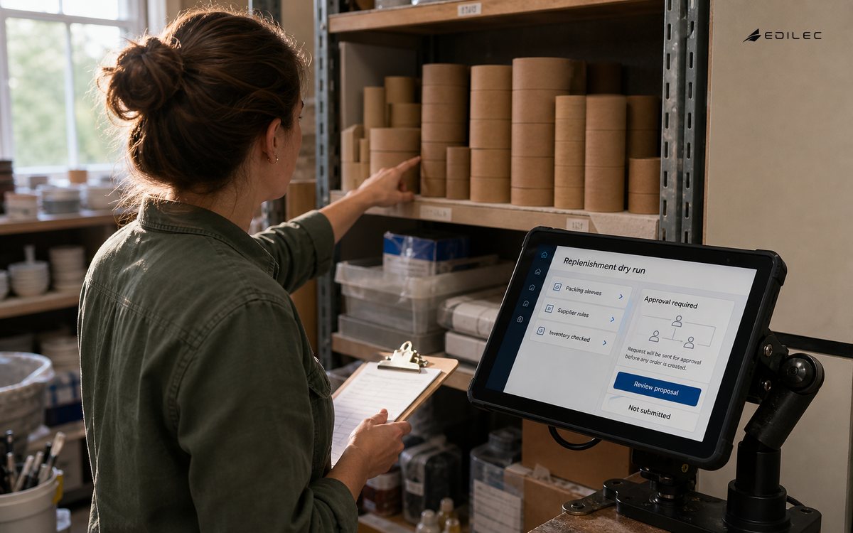 A purchasing analyst checks packing-sleeve stock beside a tablet showing a replenishment dry run awaiting approval.