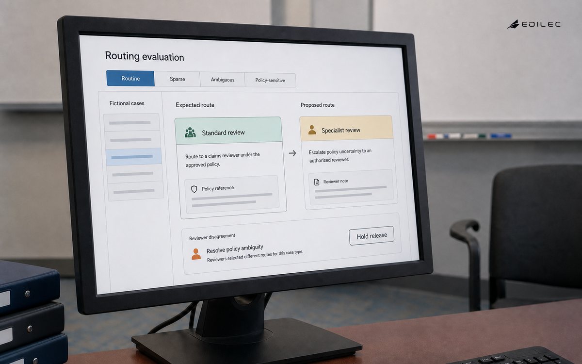 An evaluation workbench compares expected and proposed claims routes and flags reviewer disagreement before release.