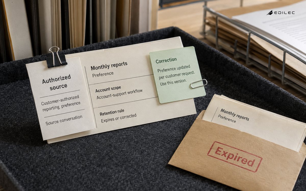 A reporting-preference card is clipped to a source-consent slip beside a correction note and expired copy.