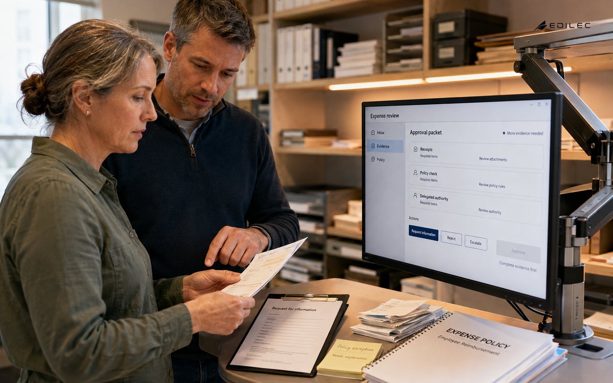 Standing finance colleagues compare receipt evidence with a review screen that requests more information.