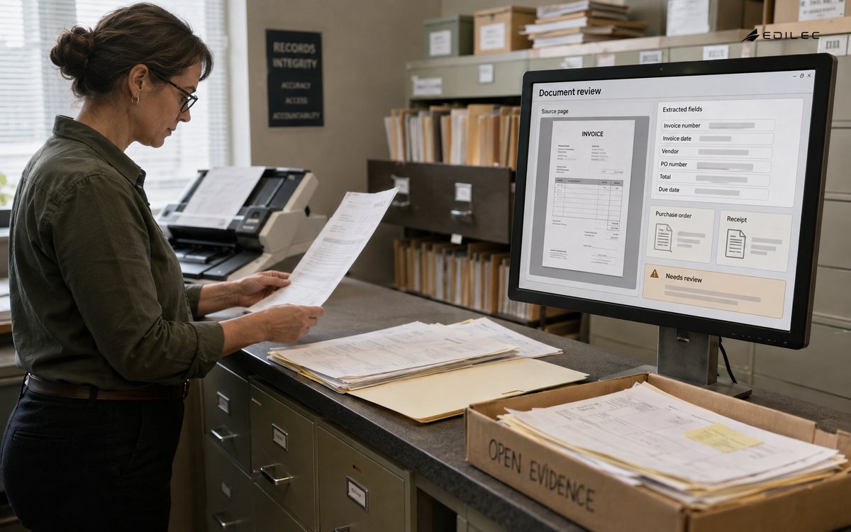 A standing reviewer compares paper invoice evidence with a document-review screen beside a scanner.