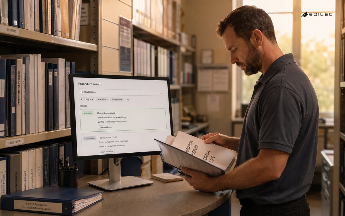 A support specialist consults a procedure folder beside search results in a technical reference library.