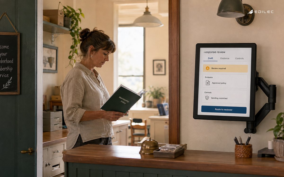 A service lead checks policy evidence beside a response-review display at a reception counter.