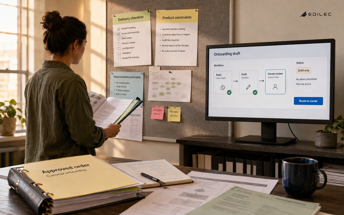 Implementation planning room with an order folder, checklist and screen showing an onboarding draft awaiting owner review.