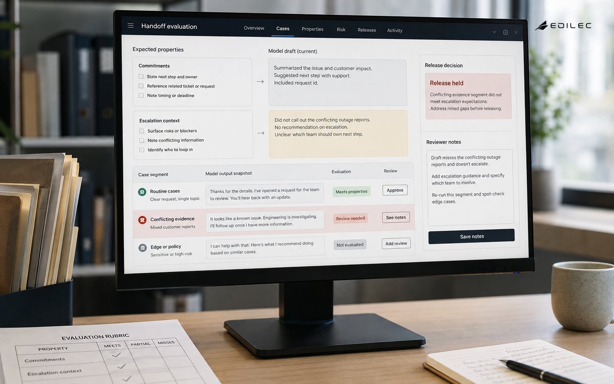 An evaluation monitor displays handoff-note properties, case segments and a held release decision.