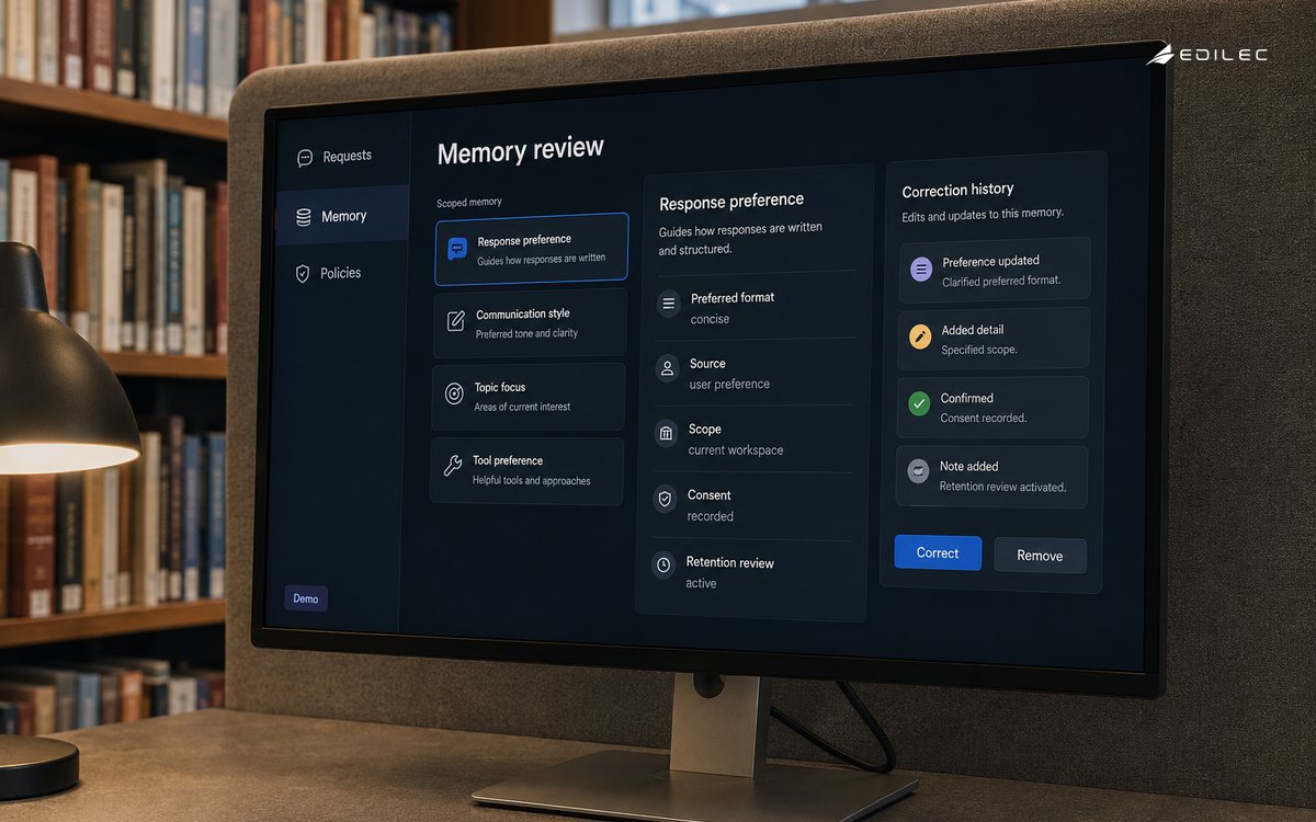 An agent-memory review interface on a monitor in a library alcove.