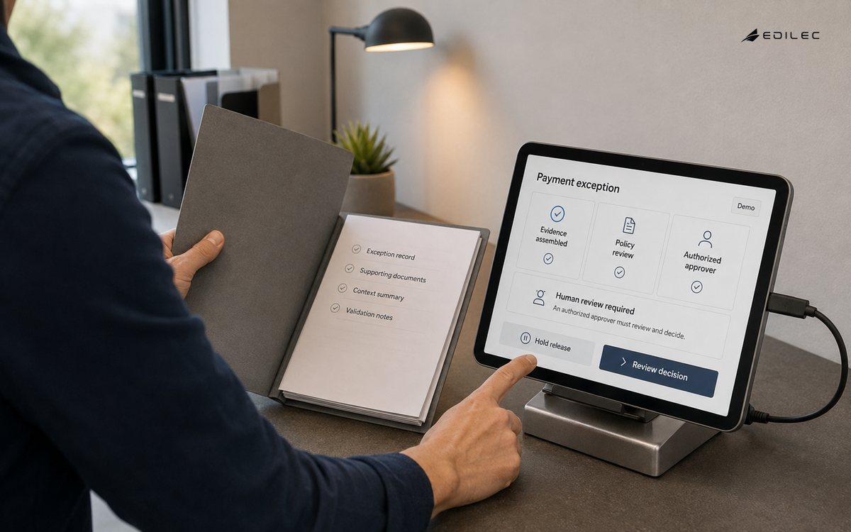 A standing reviewer compares an evidence checklist with a payment-exception approval screen.