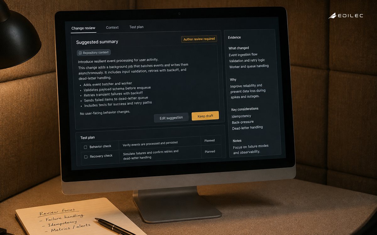 A copilot review screen presents a draft change summary, source context and a test plan for the author.