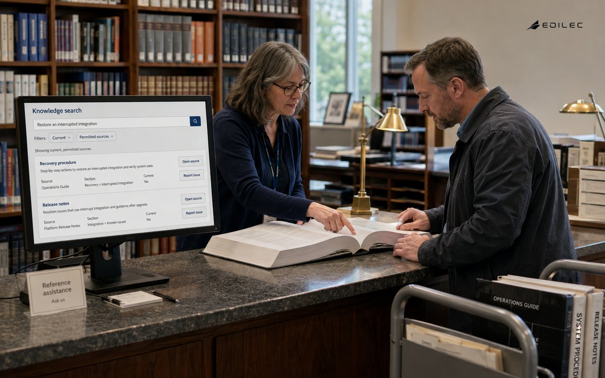 A librarian and engineer compare a current procedure with cited search passages at a reference counter.