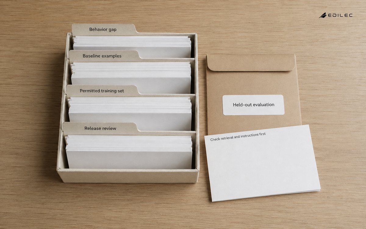 Separate example and evaluation packets frame a decision about a model behavior gap.
