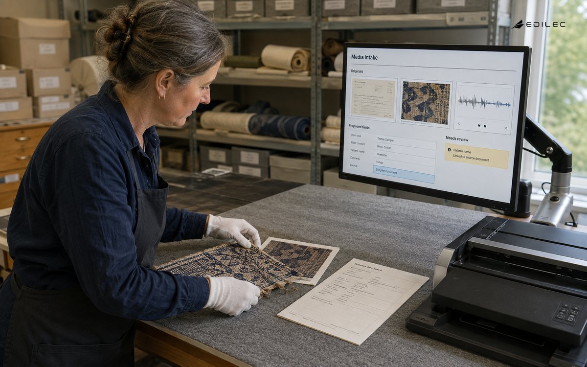 A conservator compares a fabric sample and source documents beside a media-intake review display.