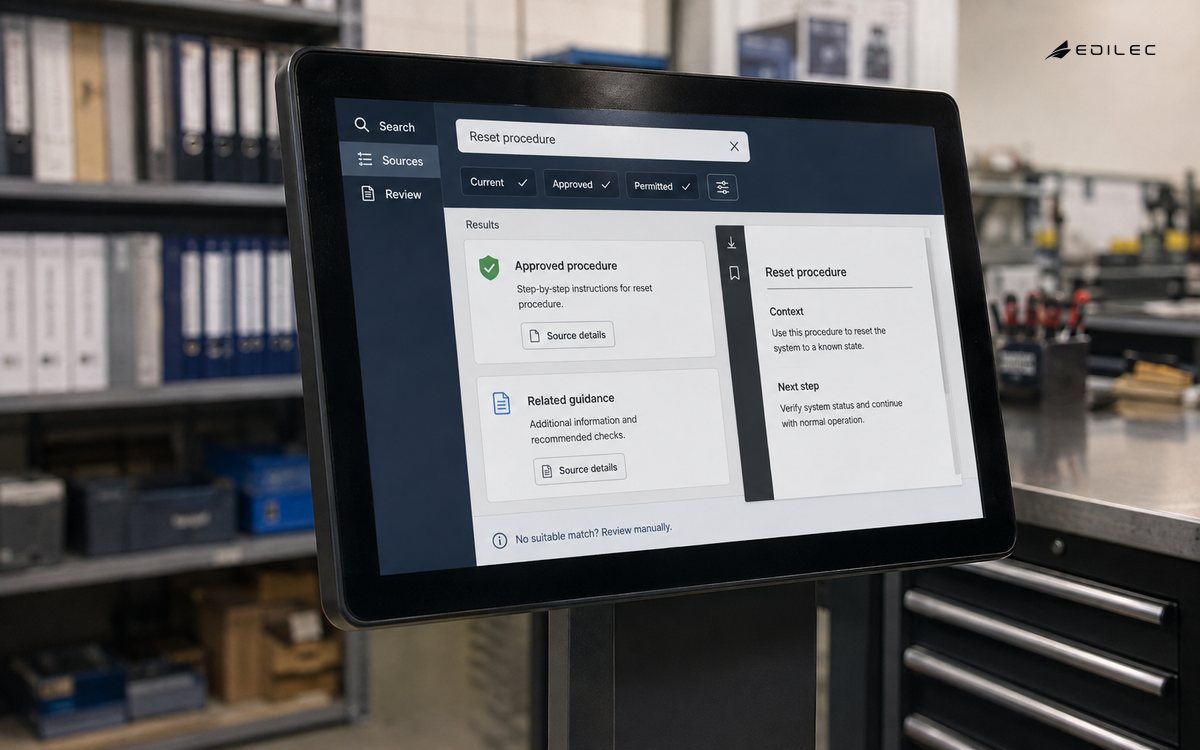 A service-library search screen presents approved procedures with source and access filters.