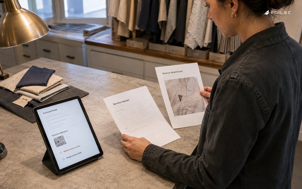 Hands hold a service request and its source attachment beside a document review queue.