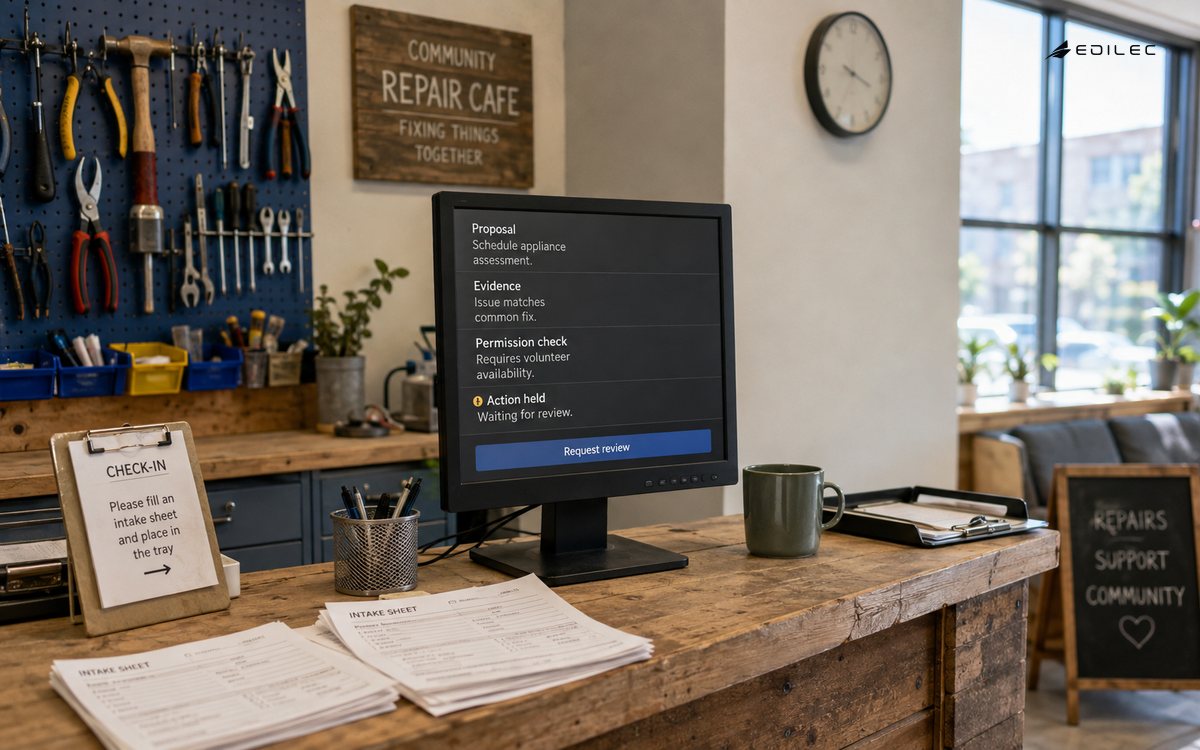Wide documentary view of a community repair cafe scheduling desk with tools stored safely on a pegboard.