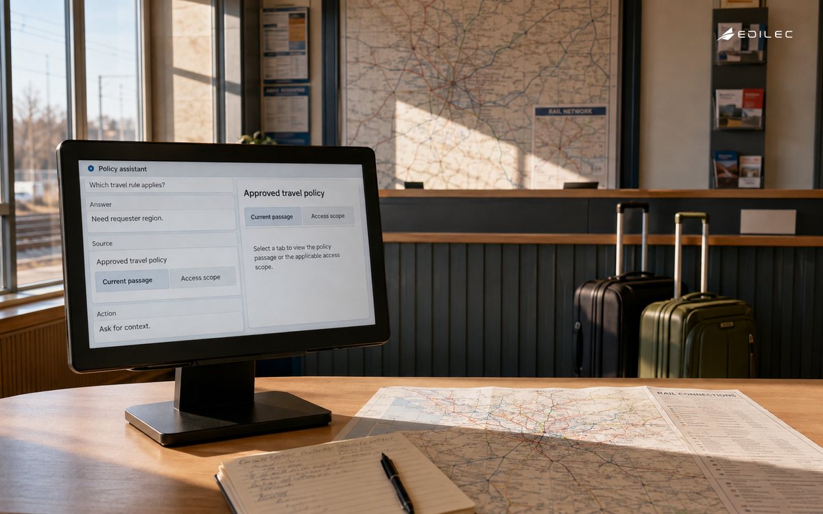 A travel policy assistant asks for region context beside planning materials.