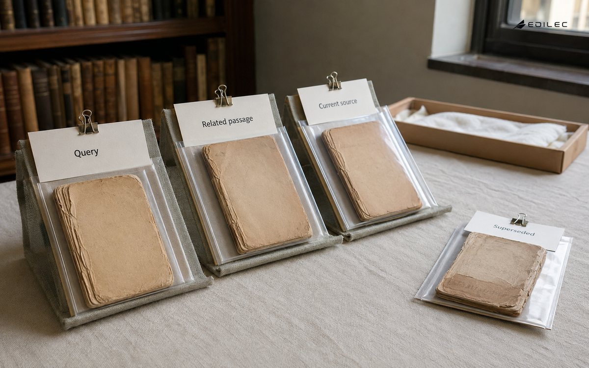 Related excerpt cards stay attached to their sources while an older source is set aside.