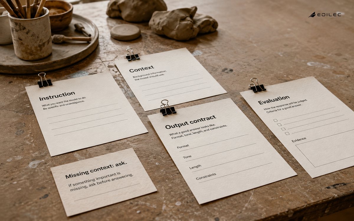Four prompt planning sheets sit beside a separate missing-context card.