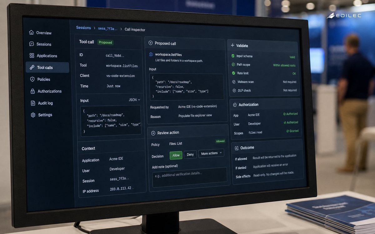 Close three-quarter photograph of a real opaque monitor with manufactured bezel and stable stand in an application review booth. Screen about55 percent, detailed fictional tool-call inspector, proposed action beside an application permission decision.