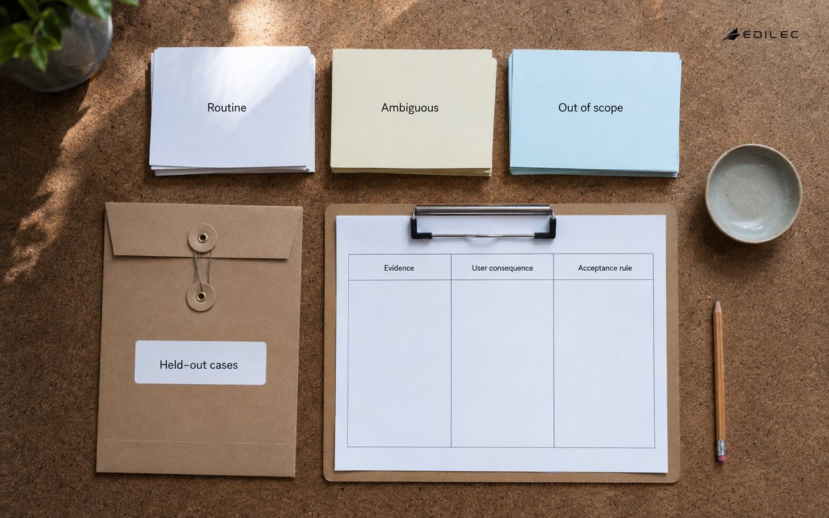 Evaluation case packets and an empty rubric sit beside a sealed held-out envelope.