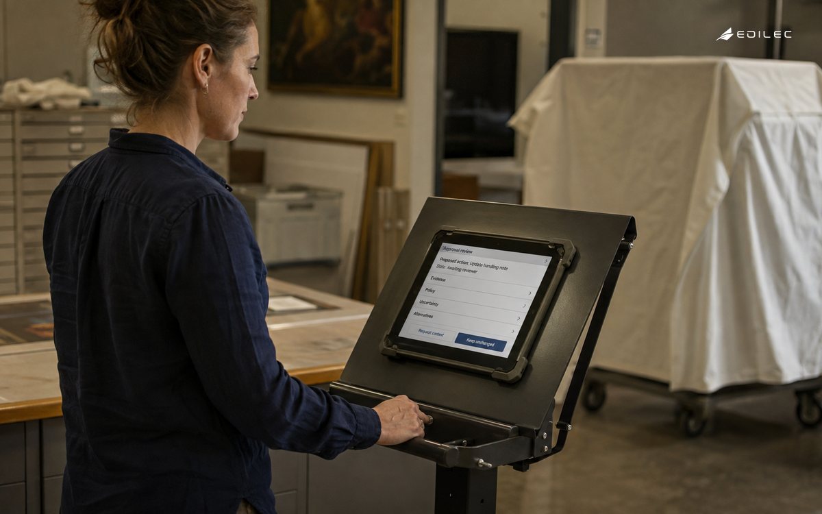 A standing coordinator reviews an AI-proposed handling-note change with evidence and alternatives.