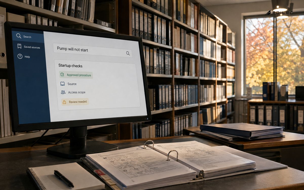 A manual library reference screen finds an approved startup procedure from a plain-language question.