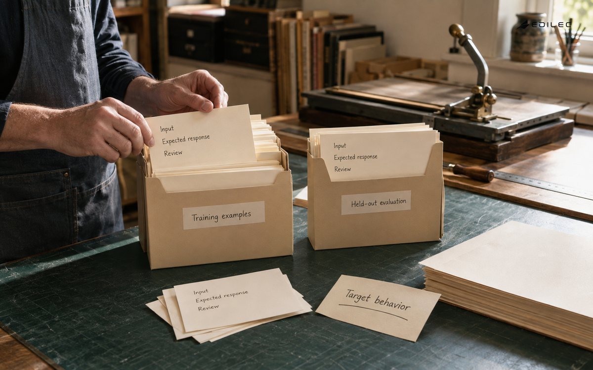 An evaluator separates training examples from held-out evaluation material for a stable task.