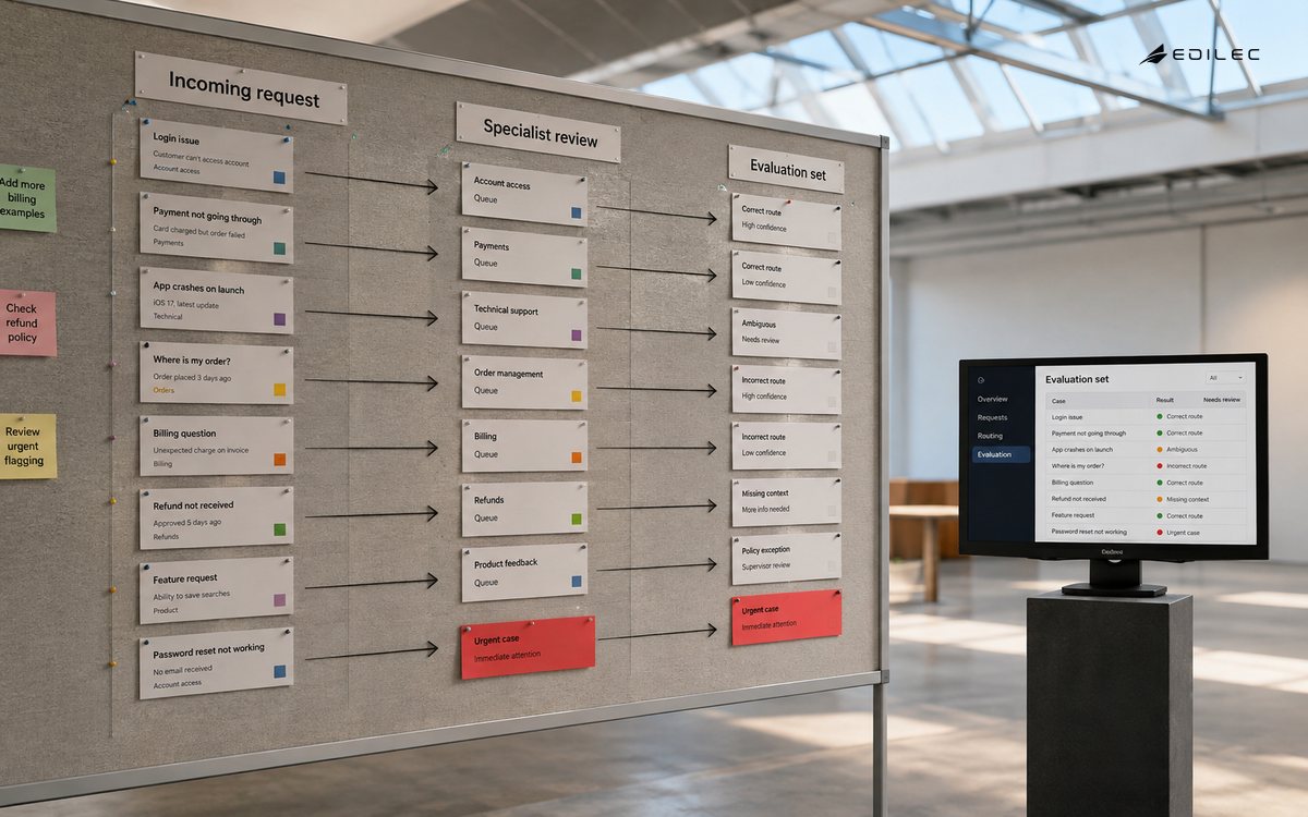 Wide empty service request evaluation workshop with specialist-routing cards pinned across a fabric board, small opaque monitor on pedestal at side.