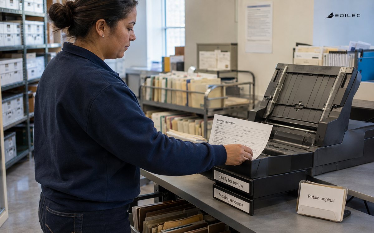 A records worker preserves an original document while routing missing evidence to review.