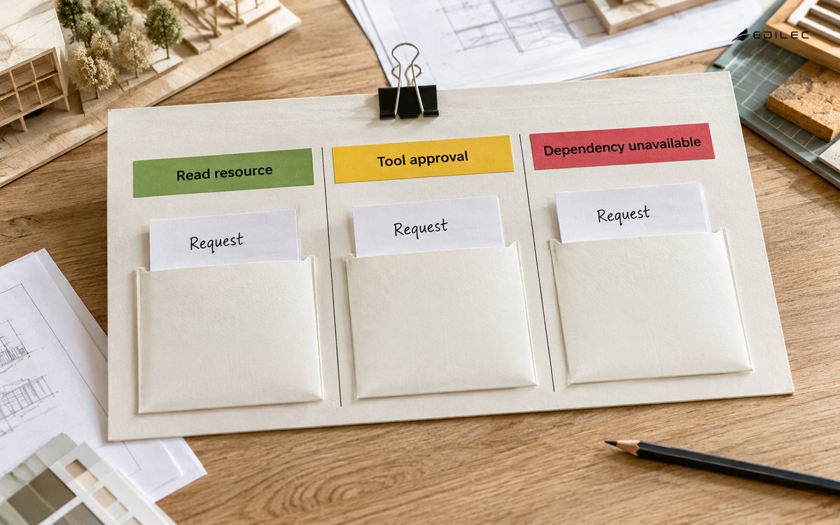 Paper request cards separate resource access, tool approval and dependency failure.