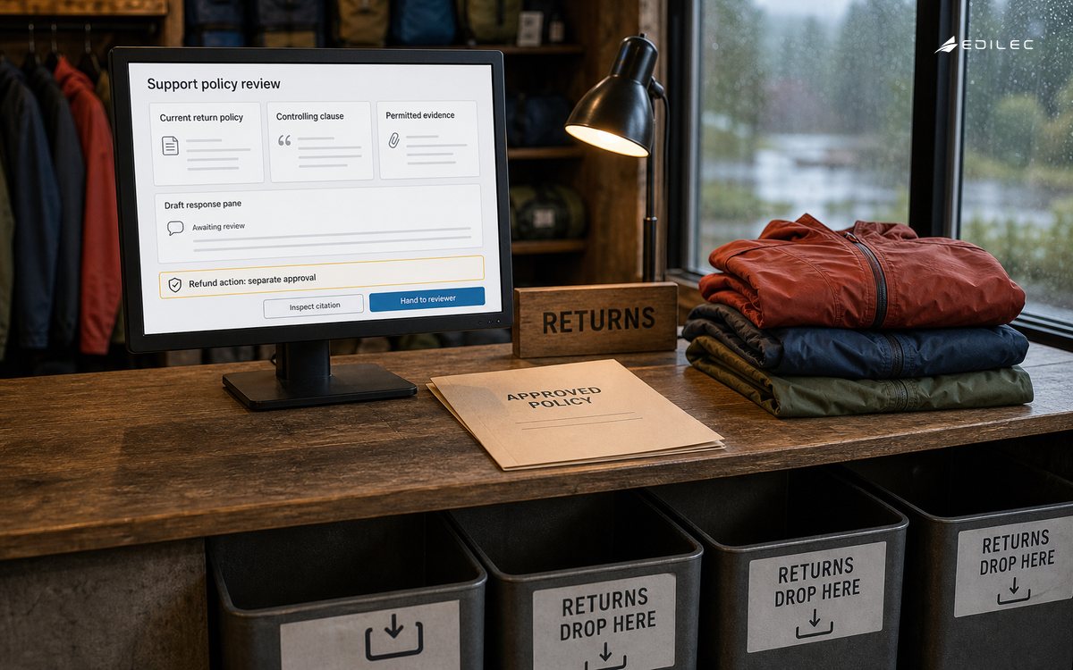 A rental returns desk keeps a drafted policy response separate from refund approval.