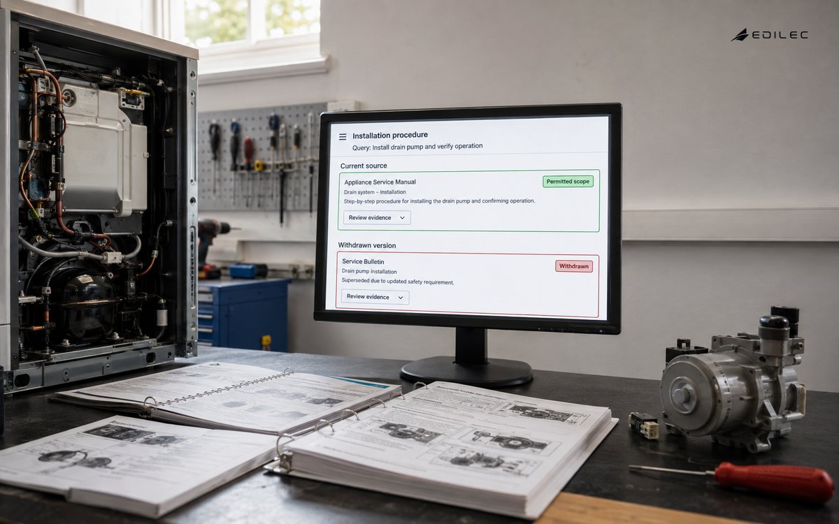Wide photograph of an appliance service training bench with component manuals.
