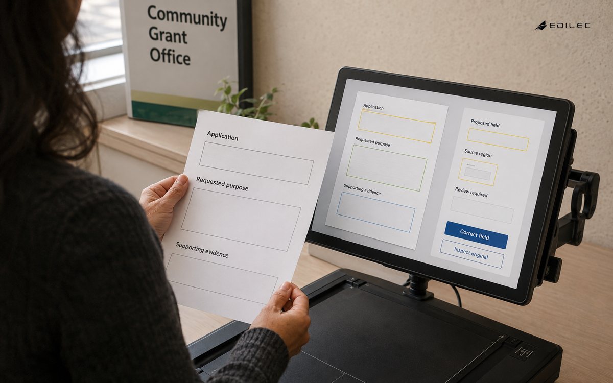 An intake worker compares a proposed field with its original document region.