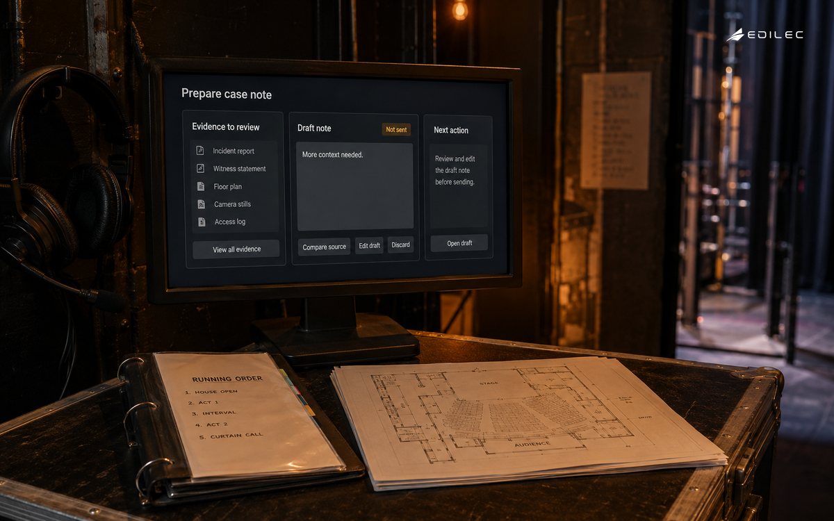 A theater operations copilot prepares an unsent case note for source review.