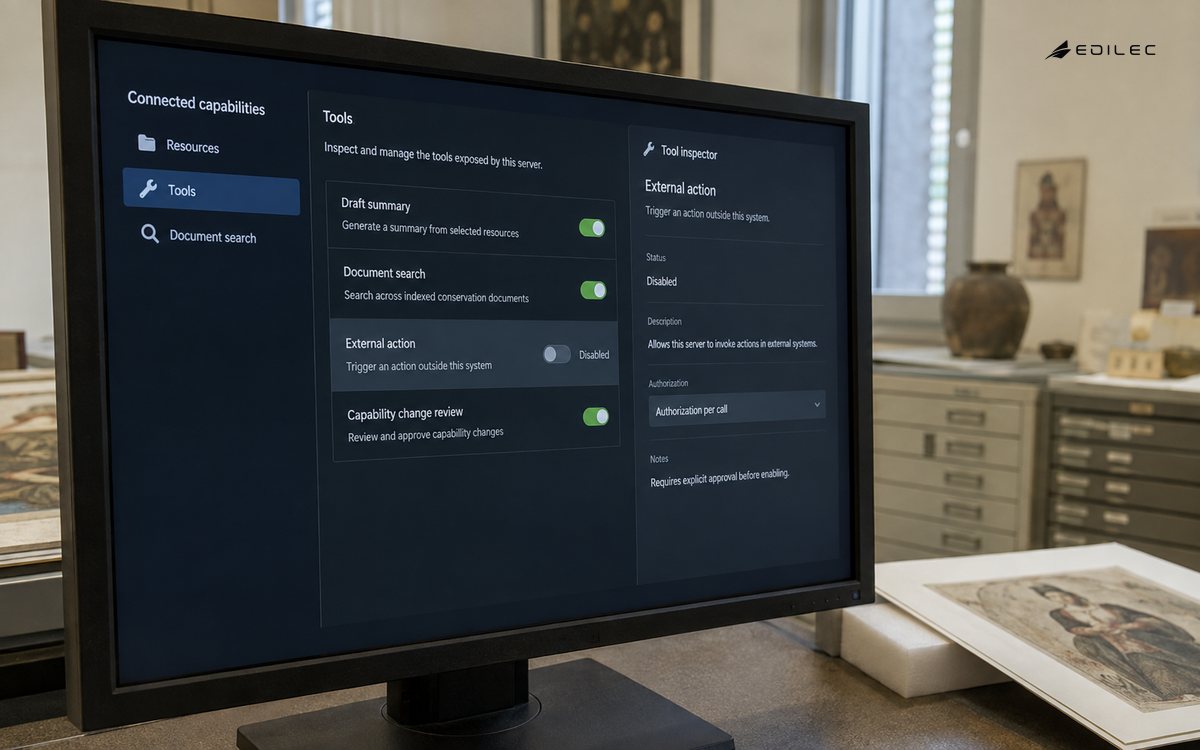 A capability inventory separates document search and drafting from a disabled external action.