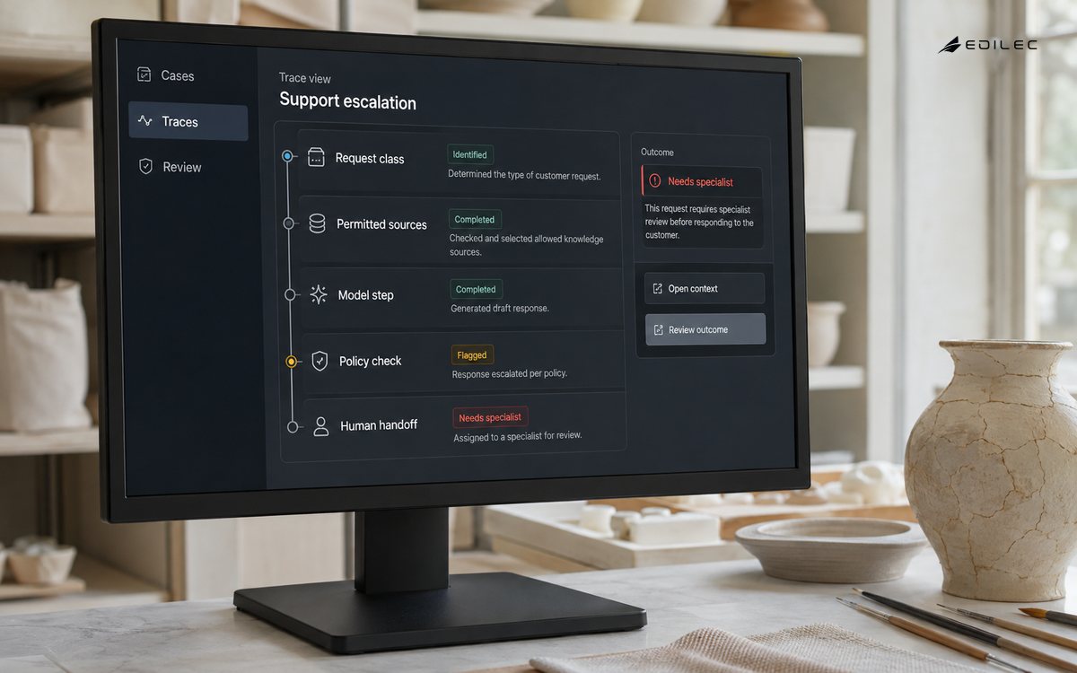 A support trace connects permitted sources and policy checks to specialist handoff.