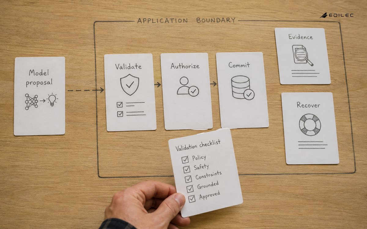 Top-down photograph of a paper AI proposal card outside a clearly drawn application boundary, approved action card inside beside evidence and recovery cards, precise pencil lines and hand holding validation checklist.
