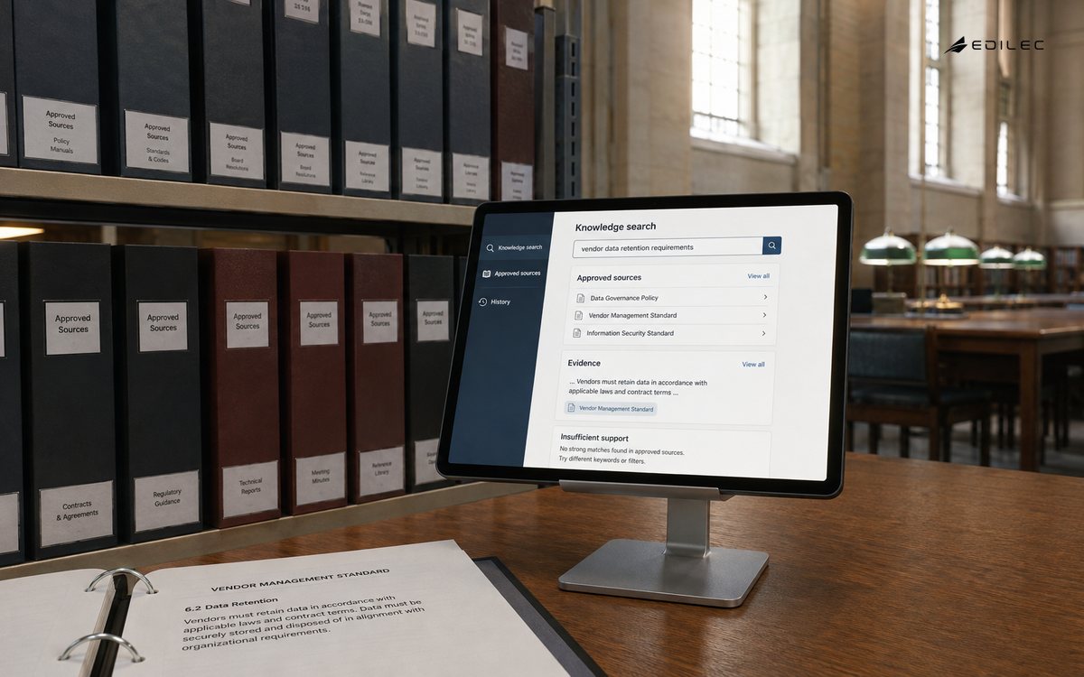 Editorial view in a records reading room with labeled document binders and an ordinary tablet on a metal stand, soft high windows, generous space.