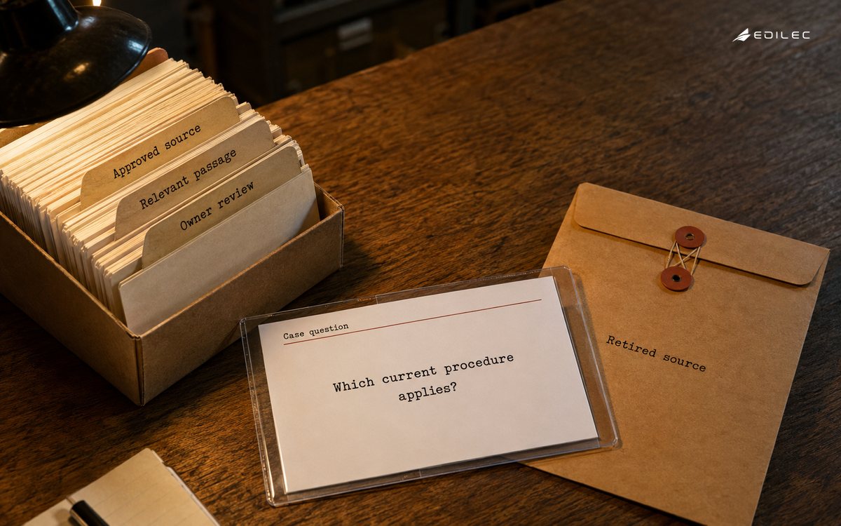 A case question is matched with approved procedure passages while retired sources remain separate.