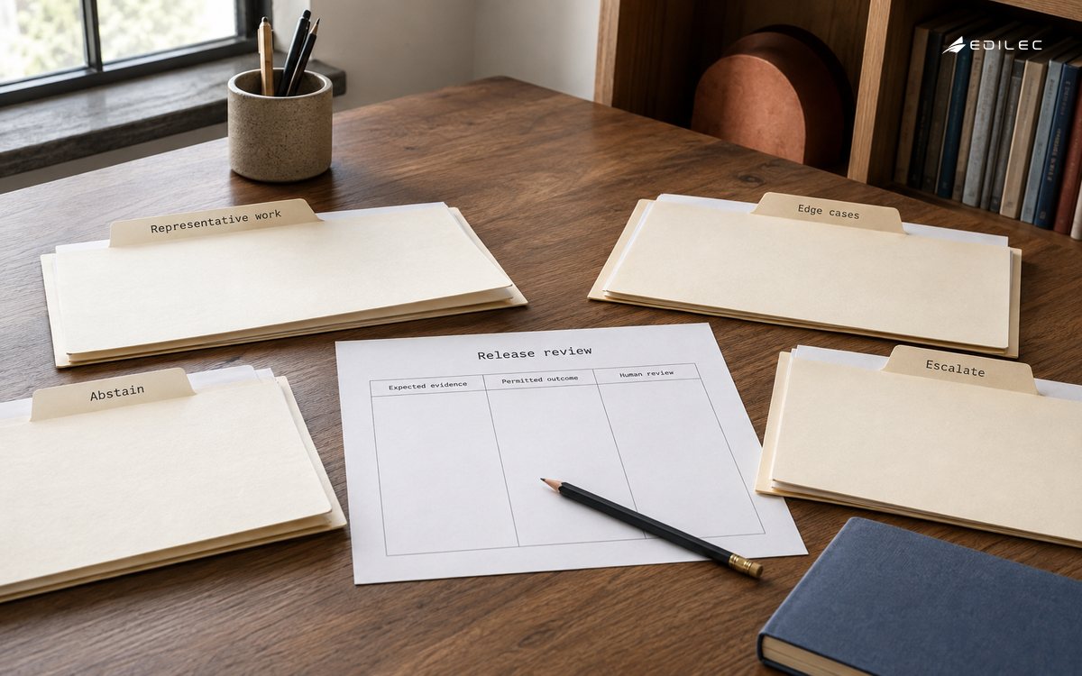Paper test folders cover ordinary work, edge cases, abstention and escalation around a release-review sheet.