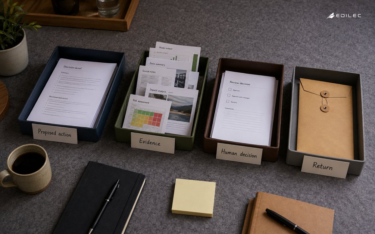 Editorial view of a decision brief, supporting evidence cards and a closed envelope in separate review trays on a wool-covered meeting table; no electronic display.