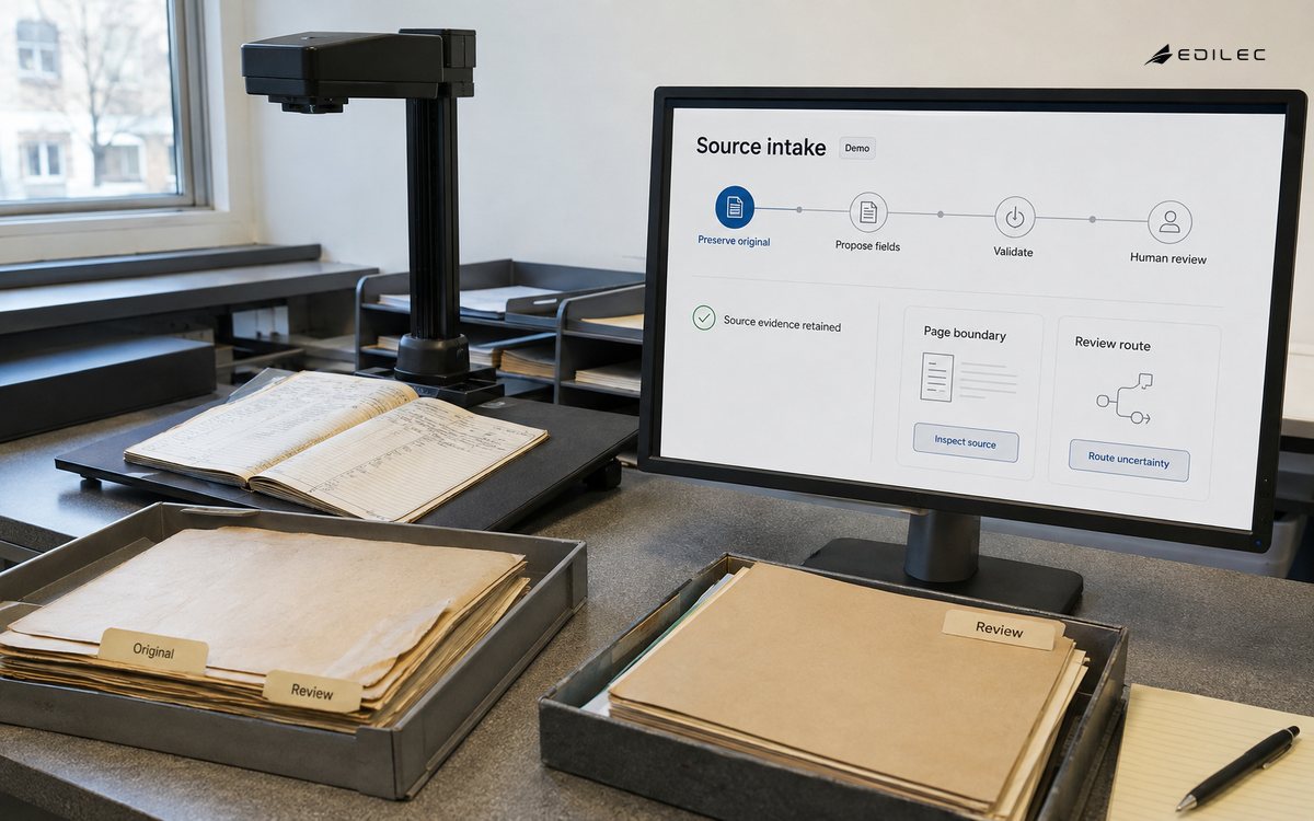 An archive intake station pairs original documents with a source-preserving extraction review.