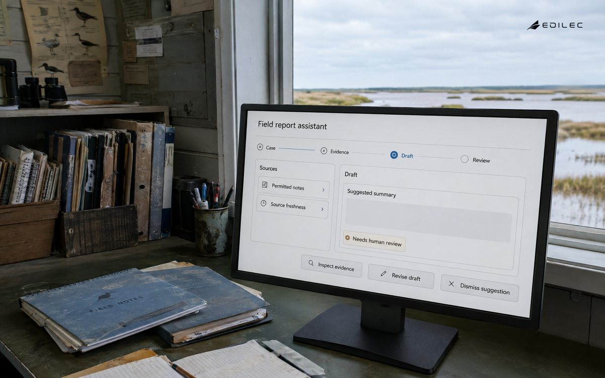 A field-report copilot separates permitted evidence and a suggested draft awaiting human review.