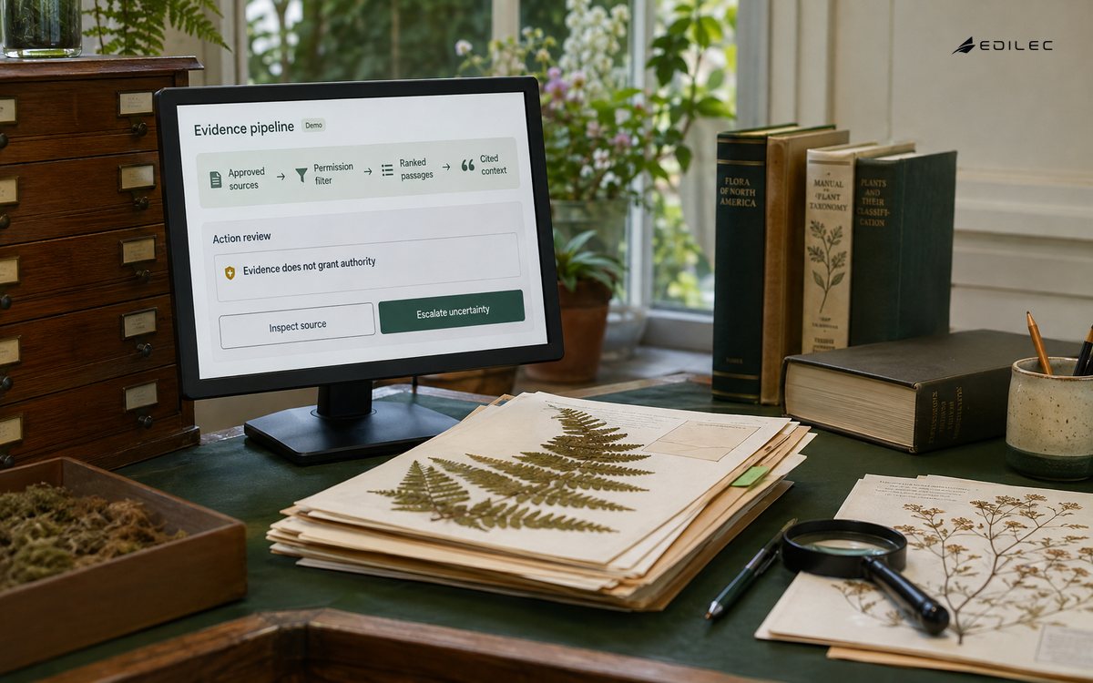 A conservatory reference station shows cited-evidence retrieval separated from an action review.