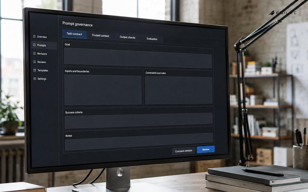 A prompt-governance editor separates trusted context from output checks.