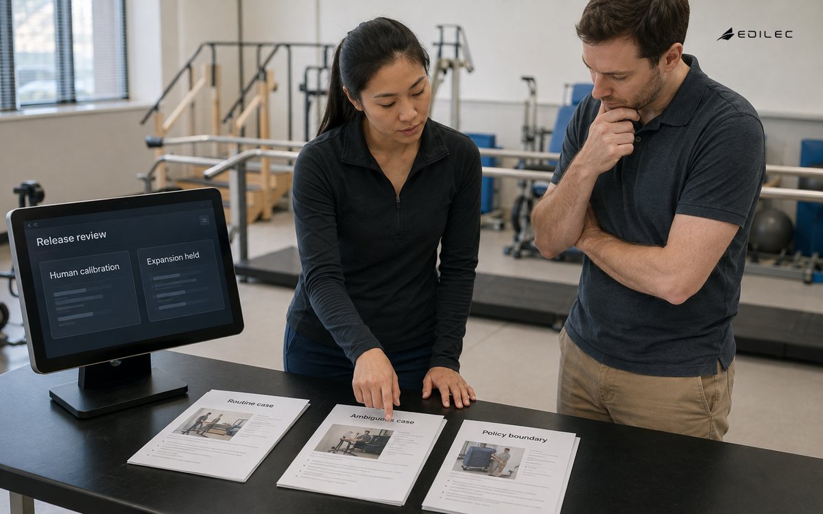 Candid photo of two standing reviewers comparing representative case sheets on a rehabilitation equipment training table beside a small supported opaque terminal.